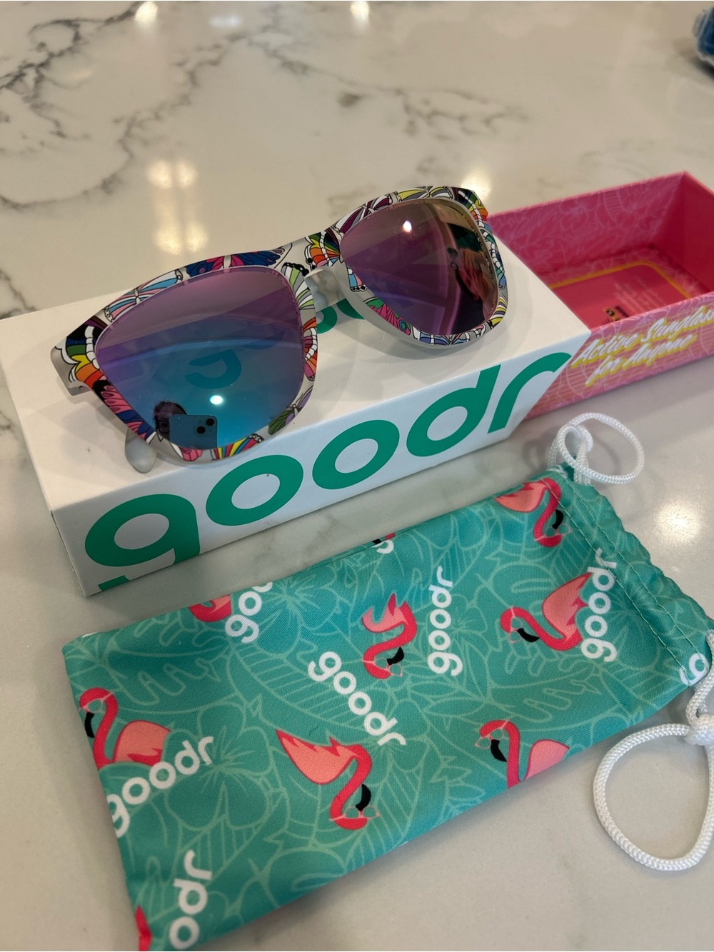 Goodr Colorful Patterned Sunglasses with Pink-Blue Mirrored Lenses